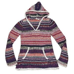 Roxy Womens XL Hoodie Sweater V-Neck Striped Knit Baja Boho Pullover Beach Surf